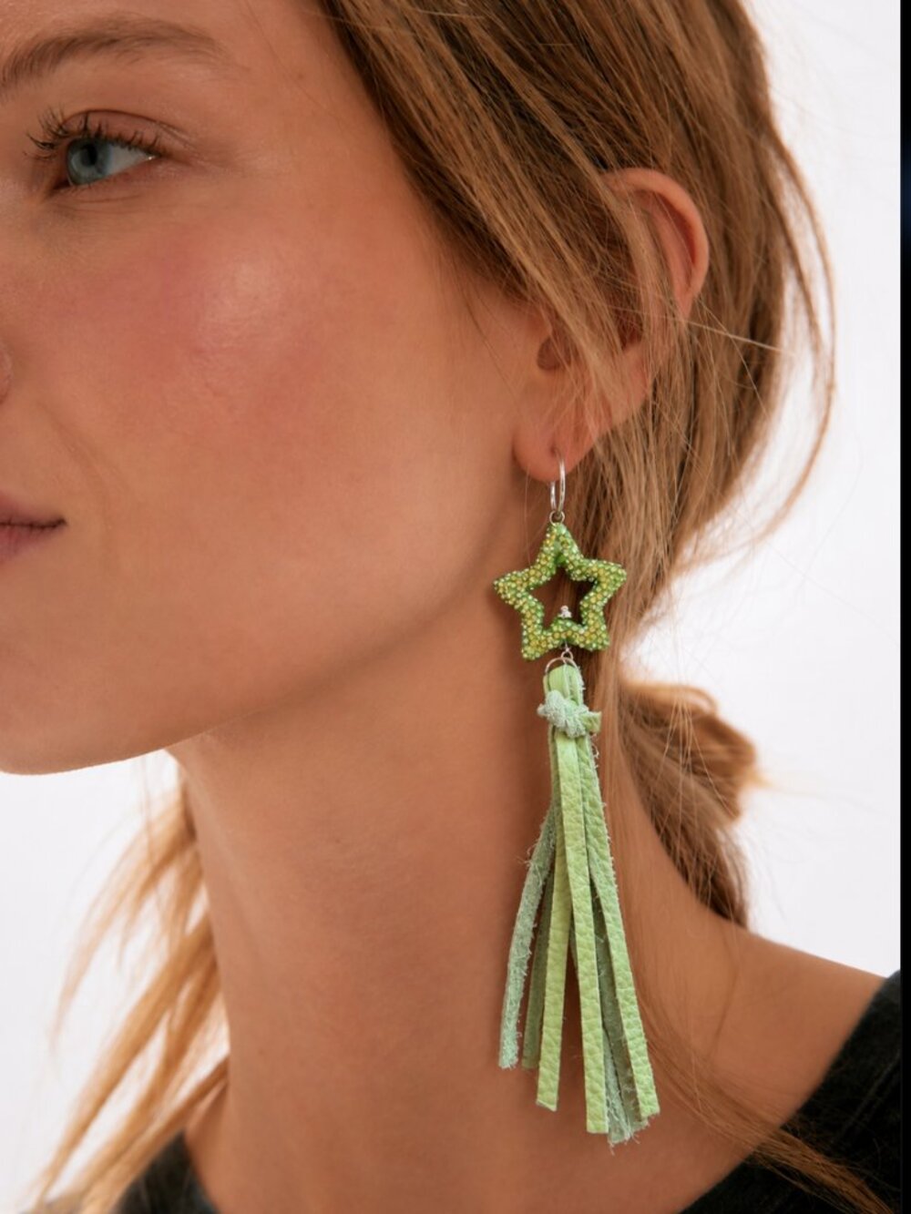 SANDRA LING DESIGNS GLITTER STAR AND LEATHER EARRINGS
